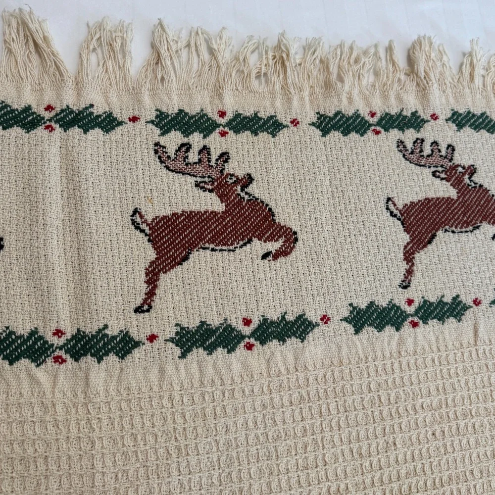 Manual Woodworkers Weavers Leaping Deer Christmas Woven Throw Blanket Cotton USA